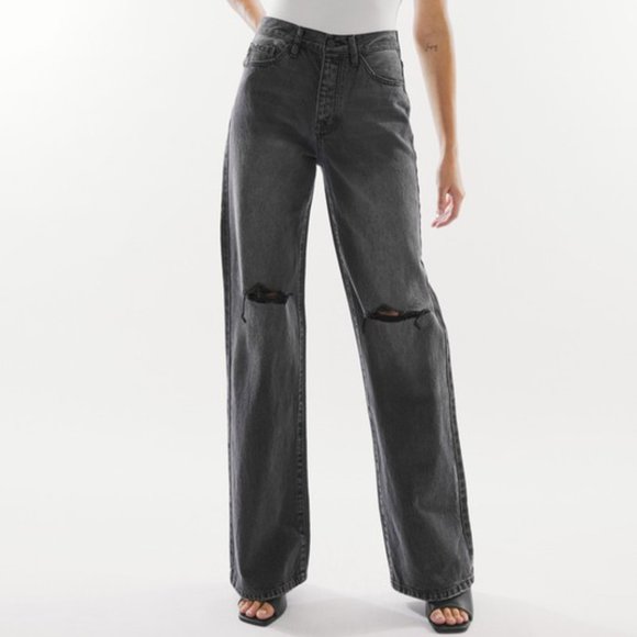 Vici Faded Black High Rise 90s Style Flare Wide Leg Jeans Distressed - Picture 2 of 10